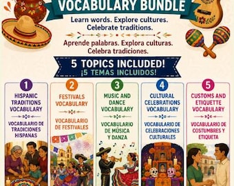 Paquete de vocabulario sobre cultura y tradiciones españolas. Pósteres bilingües. Actividades sobre cultura hispana. Decoración para el aula.