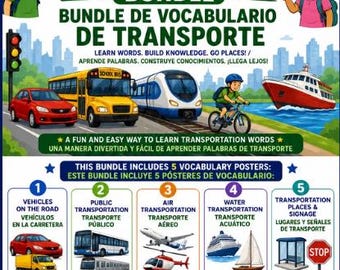 Paquete de recursos sobre viajes y transporte en español / Vehículos, transporte público, aeropuertos, vías navegables y señales de tráfico