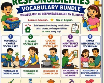 Paquete de vocabulario sobre responsabilidades domésticas en español: 5 pósteres bilingües sobre tareas del hogar, limpieza, cocina, mantenimiento y deberes familiares.