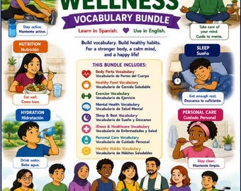 Paquete de vocabulario en español sobre vida saludable: 5 pósteres bilingües sobre nutrición, ejercicio físico, bienestar, seguridad y hábitos saludables.