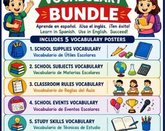 Paquete de vocabulario sobre la vida escolar en español: 5 carteles bilingües para el aula, útiles escolares, asignaturas, reglas, eventos y técnicas de estudio.