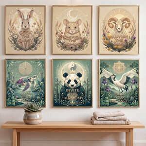 May include: A set of six framed wall art prints featuring animal illustrations and text. The top row shows a rabbit with 'SEEK THE QUIET', a mouse with 'CHERISH THE MOMENT', and a ram with 'NURTURE THE NEW'. The bottom row shows a turtle with 'OWN YOUR PACE', a panda with 'INVITE THE HARMONY', and a crane with 'FIND YOUR BALANCE'.