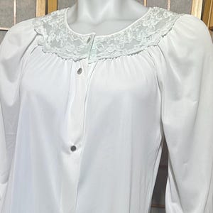 Vintage Light Blue Nylon Housecoat | 70s 80s Lace Trim Button Front Robe