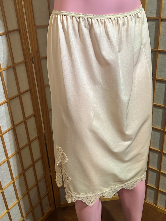 Marks & Spencer, Vintage St Michael Ivory Lace Slip Skirt | Shimmering Nylon, Side Slit, UK 10-12