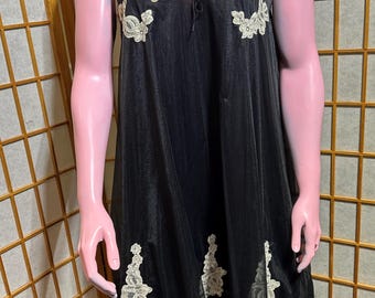 Vintage Kayser Black Nylon Nightgown Chemise | Beige Lace Trim, Coquette Whimsygoth Sleepwear (Small)
