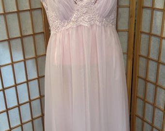 Vintage 1950s Kayser Pink Nylon Nightgown: Lace Bodice Empire Waist Slip Dress