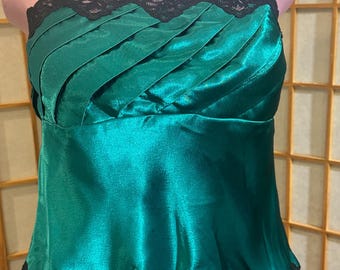 Vintage Victoria's Secret Smaragdgrün Satin Leibchen | Schwarzer Spitzenbesatz Boudoir Top