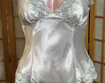 Vintage Victoria's Secret Satin Teddy Bodysuit: Ivory Blue Lace, Y2K Lingerie, Snap Crotch
