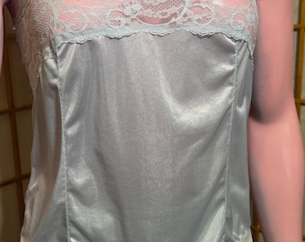 Vintage Ice Blue Satin Camisole Top | Lace Trim Slip Cami, Made in Canada