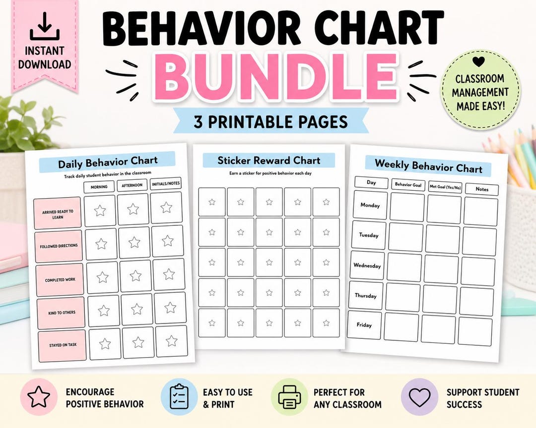 Week Behavior Sticker Chart Behavior Chart Printable Bundle for Kids, Daily Behavior Chart, Sticker ...