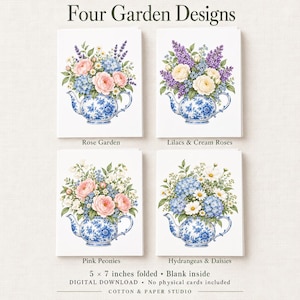 May include: Four Garden Designs greeting cards featuring blue and white teapots filled with floral arrangements. Labels include Rose Garden, Lilacs & Cream Roses, Pink Peonies, and Hydrangeas & Daisies. Text states 5 x 7 inches folded.