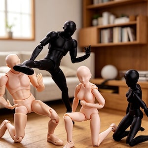 Op de afbeelding: Een groep beweegbare actiefiguren in zwart en huidtinten, afgebeeld in verschillende poses. De figuren hebben zichtbare gewrichten en een gladde afwerking. De achtergrond toont houten meubels.
