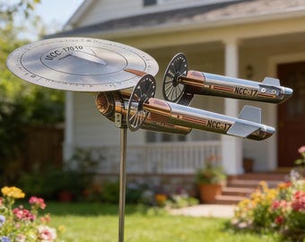 Starship Wind Spinner Garden Stake, Metal Sci-Fi Windmill Decor, Spaceship Yard Art, Outdoor Kinetic Garden Ornament