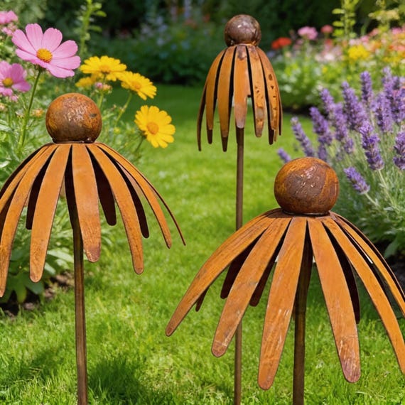 Metal Echinacea Flower Garden Stake, Rustic Outdoor Garden Decor, Coneflower Yard Art, Decorative Metal Flower Stake