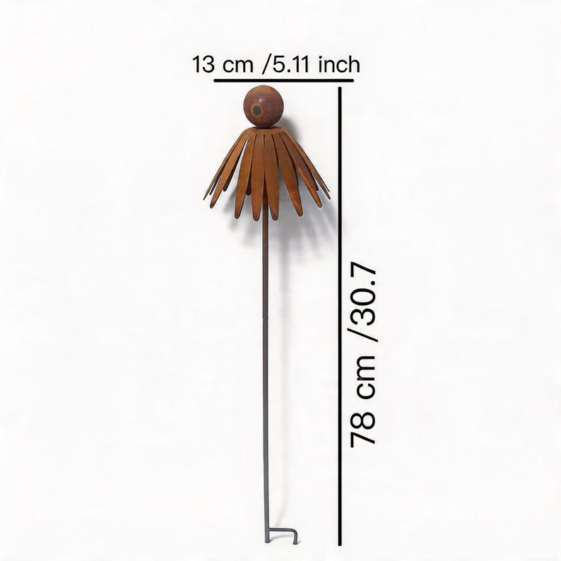 May include: A metal garden stake with a flower design. The stake is 78 cm (30.7 inches) tall and 13 cm (5.11 inches) wide. The flower petals and the top sphere are brown. The stake has a hook at the bottom.