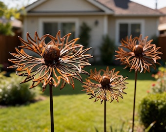 Rusty Metal Flower Garden Stake, Outdoor Yard Art, Rustic Garden Decor, Metal Flower Sculpture, Farmhouse Garden Ornament