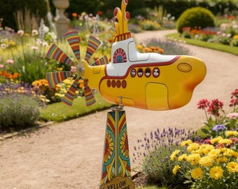 Girandola a vento a forma di sottomarino giallo, girandola in metallo colorato da giardino, decorazione retrò per il giardino, ornamento cinetico per esterni