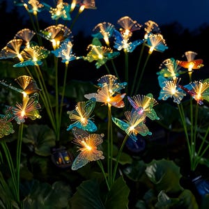 Puede incluir: Estacas de jardín con forma de mariposa iluminadas. Las mariposas tienen alas translúcidas en tonos azules, verdes y naranjas, con luces amarillas brillantes en el centro. Las estacas verdes están en un jardín.
