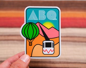 Retro Tram Flying over Sandia Mountains Albuquerque, New Mexico 4" Waterproof Vinyl Sticker