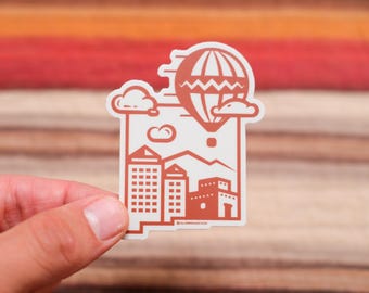 Hot Air Balloon Flying over Albuquerque, New Mexico Skyline 3" Waterproof Vinyl Sticker