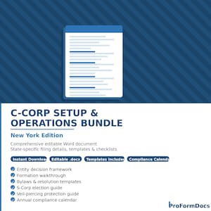 May include: A digital document bundle titled "C-Corp Setup & Operations Bundle" for New York. The image features a document icon and a list of included items, such as entity decision framework, formation walkthrough, and bylaws templates. The background is blue.