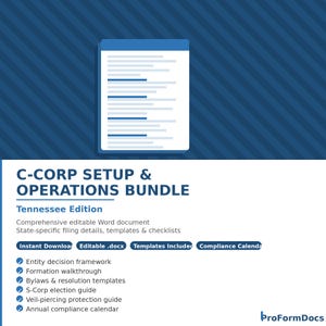 May include: A digital document titled "C-Corp Setup & Operations Bundle" with the "Tennessee Edition" label. The image features a document icon and a list of included features, such as entity decision framework, formation walkthrough, and bylaws templates. The background is a dark blue with diagonal stripes.