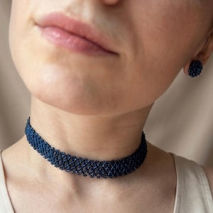 Navy Blue Seed Bead Choker and Stud Earrings Set, Handmade Boho Jewelry