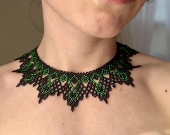 Black and Green Beaded Choker, Gothic Lace Collar Necklace, Ukrainian Sylyanka Beaded Collar, Geometric Statement Choker, Jewelry Gift