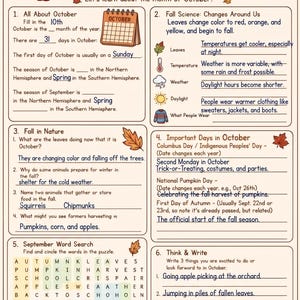 May include: An educational worksheet titled All About October with fill-in-the-blank sections, a calendar graphic, and autumn-themed illustrations including pumpkins, apples, and leaves. The page features sections on autumn science, nature, and a word search puzzle.