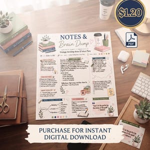 May include: A digital planner page titled Notes & Brain Dump with sections for action items, reflections, and quotes. The layout features illustrations of stacked books, a coffee cup, and potted plants, with text detailing strategic workshop plans.