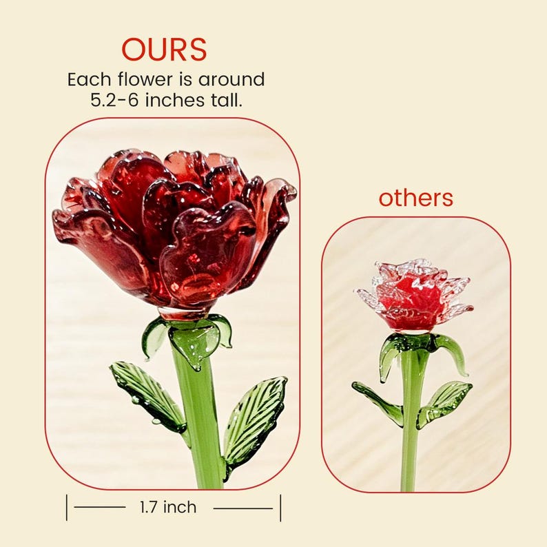 Puede incluir: Una comparaci&oacute;n de dos rosas de cristal. La rosa m&aacute;s grande a la izquierda est&aacute; etiquetada como OURS y mide 13,2-15,2 cm de alto con un ancho de 4,3 cm. La rosa m&aacute;s peque&ntilde;a a la derecha est&aacute; etiquetada como others. Ambas tienen p&eacute;talos rojos.