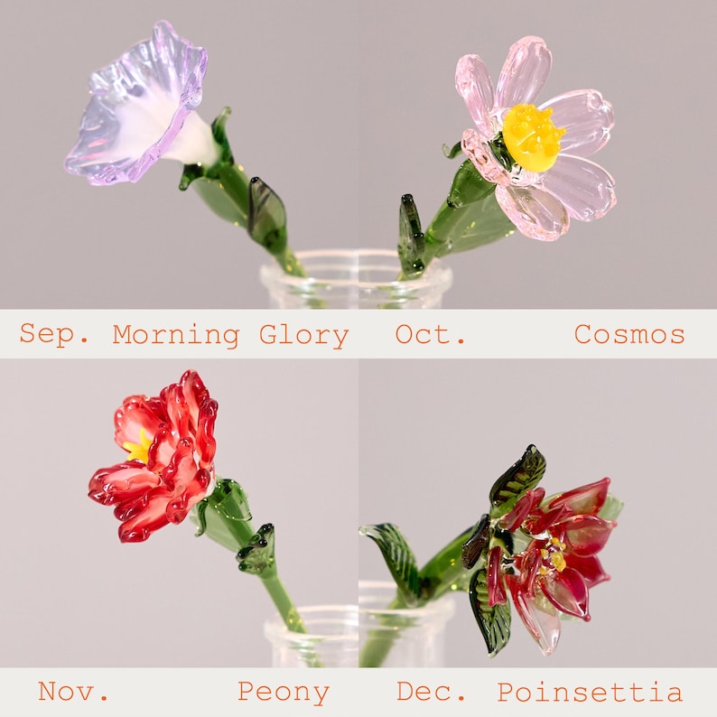 Puede incluir: Cuatro flores de cristal que representan meses: una gloria de la ma&ntilde;ana morada para septiembre, un cosmos rosa con centro amarillo para octubre, una peon&iacute;a roja para noviembre y una flor de pascua roja para diciembre. Tienen tallos y hojas verdes.