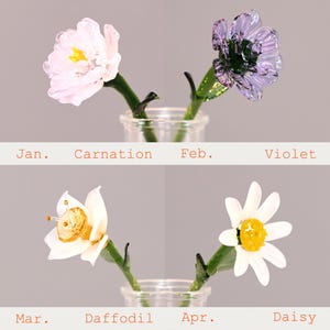 Puede incluir: Cuatro flores de vidrio para los meses de nacimiento: un clavel rosa p&aacute;lido para ene., una violeta morada para feb., un narciso blanco con centro amarillo para mar., y una margarita blanca con centro amarillo para abr., con tallos verdes.