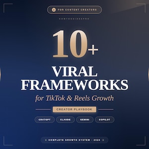 May include: A digital graphic with a dark blue gradient background. The text reads "10+ VIRAL FRAMEWORKS for TikTok & Reels Growth." Additional text includes "FOR CONTENT CREATORS" and "CREATOR PLAYBOOK." The bottom text says "COMPLETE GROWTH SYSTEM 2026."