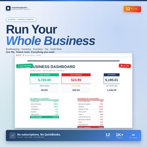 May include: A digital business dashboard displaying financial data, including revenue, expenses, and profit. The image features the text "Run Your Whole Business" and highlights twelve tools. The dashboard displays income and expenses by category.