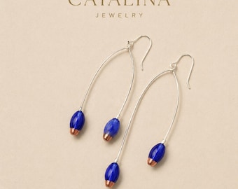 Pendientes largos minimalistas azules con cuentas de cobalto, joyería hecha a mano, moderna, elegante y ligera, regalo para ella.