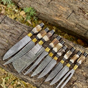 May include: A set of eight kitchen tools featuring Damascus steel blades with a wavy pattern, brass bolsters, and textured antler handles. The collection includes various knives and a two-pronged carving fork, all arranged in a linear row.
