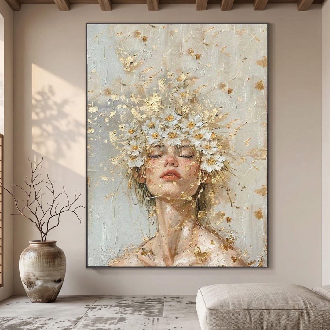 Ethereal Woman With Floral Crown Canvas Wall Art, Modern Portrait ...