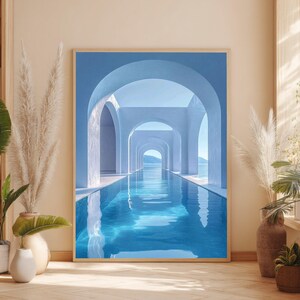 May include: A rectangular wall art print featuring a series of light blue architectural arches leading toward a calm body of water. The scene depicts a serene, sunlit corridor with smooth, solid walls and a reflective pool of water in the center.