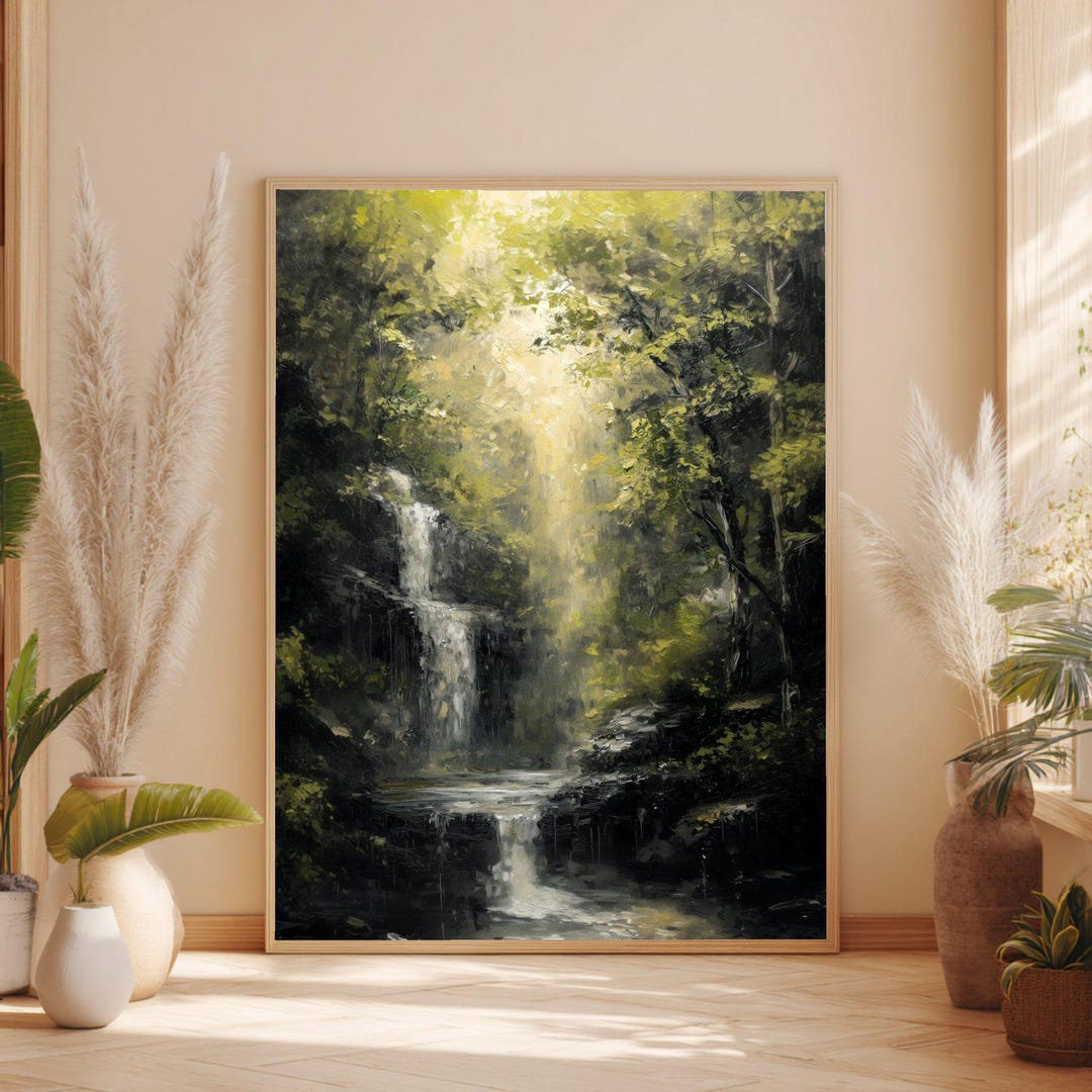 Tranquil Waterfall Canvas, Forest Nature Scene Wall Art, Sunlight ...