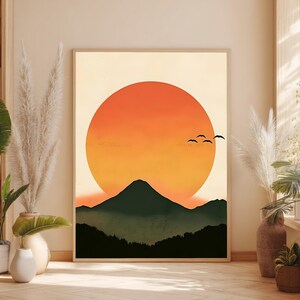 Stor minimalistisk bergslandskap, stor orange solcanvas, modern naturväggkonst, solnedgångssilhuettcanvas, dekoration med fåglar i flykt