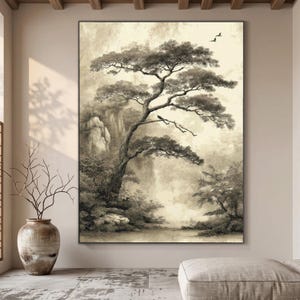 Tranquil Misty Forest Scene, Vintage Tree Canvas Wall Art, Asian Landscape Print, Nature Home Decor, Serene Botanical Canvas