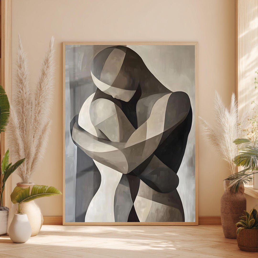 Abstract Embrace Canvas Wall Art, Monochrome Couple Hug Painting ...