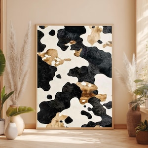 Modern Cowhide Pattern Canvas Wall Art, Black White Brown Abstract Decor, Farmhouse Rustic Style Canvas, Living Room Wall Accent