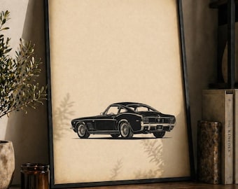 Classic Car Poster - Vintage Mustang Style Wall Art - Minimalist Black Beige Print - Retro Car Decor - American Classic Illustration