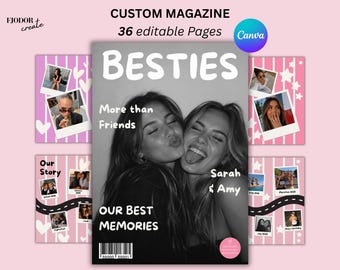 Può includere: Un modello di rivista personalizzato con 36 pagine modificabili a tema rosa e bianco. La copertina mostra una fotografia in bianco e nero di due persone con il testo BESTIES, More than Friends, Sarah & Amy e OUR BEST MEMORIES.
