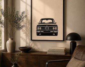 Vintage BMW Poster - Classic Car Wall Art - Old BMW Front View Print - Minimalist Black Beige Decor - Retro Auto Illustration