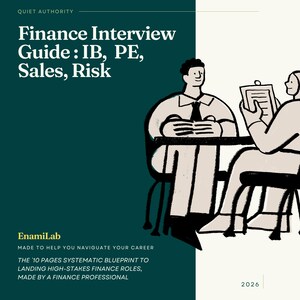 May include: A book cover with the title "Finance Interview Guide: IB, PE, Sales, Risk" in white text. The cover features an illustration of two people at a table, and the text "MADE TO HELP YOU NAVIGATE YOUR CAREER". The year 2026 is at the bottom.