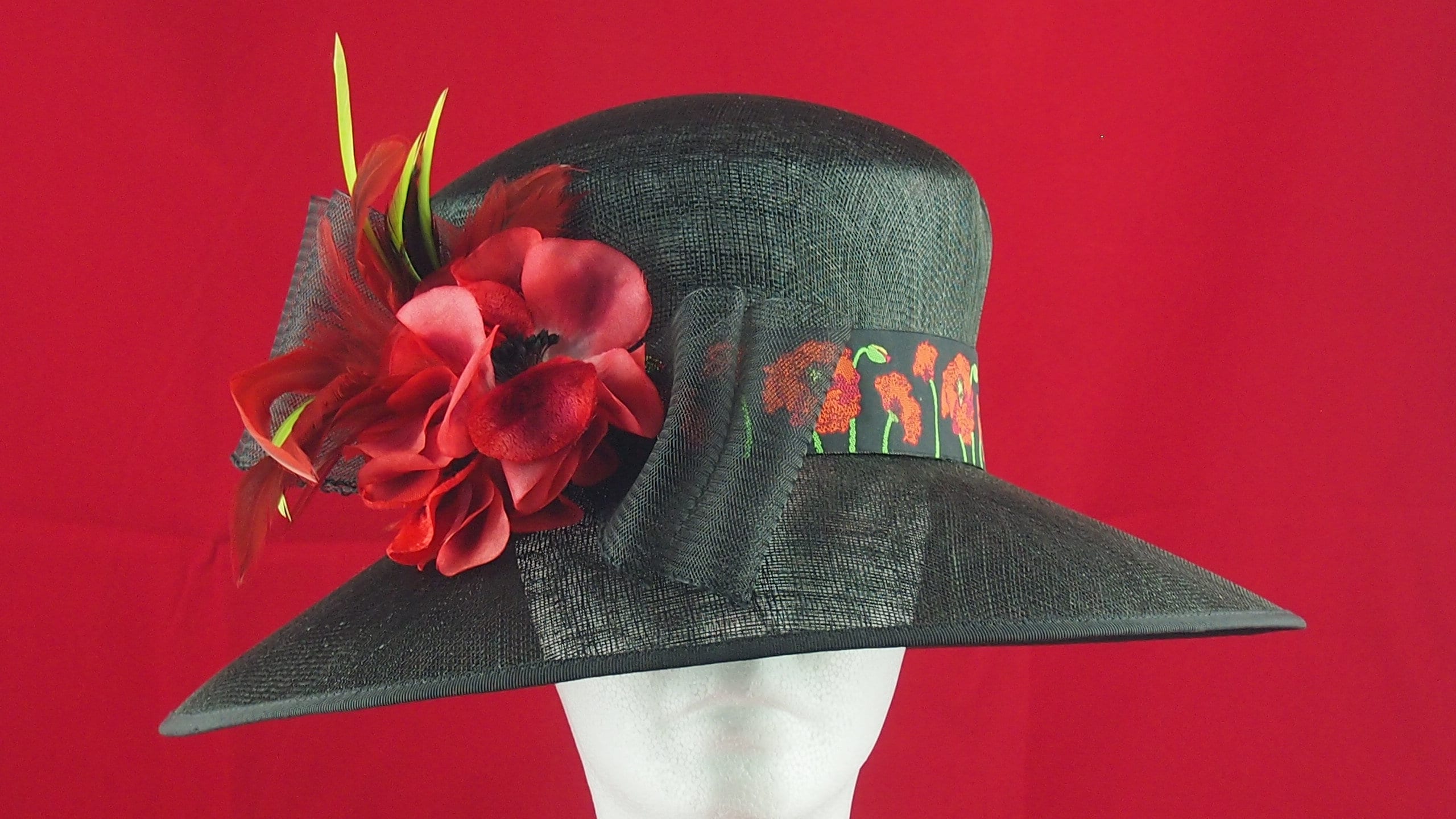 red and black derby hat