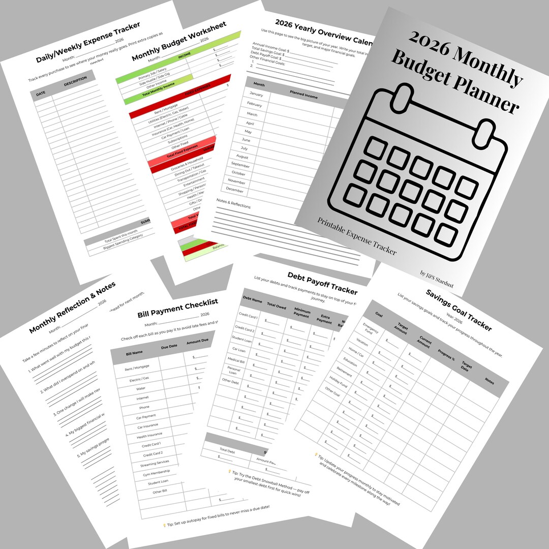 2026 Monthly Budget Planner Black & White PDF | Expense Tracker